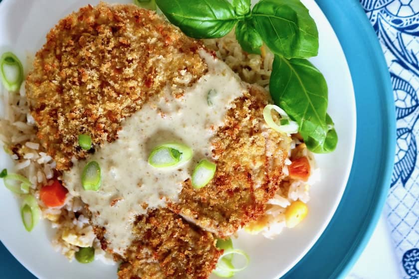 Airfryer pork chop with fried rice.