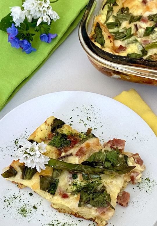 A serving of crouton egg casserole.