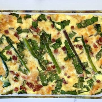 Crouton egg casserole with ramps and asparagus.