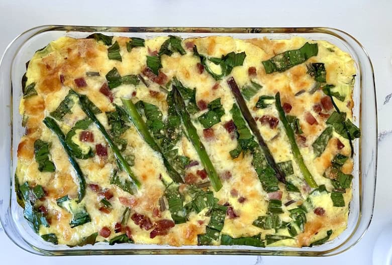 Crouton egg casserole with ramps and asparagus.