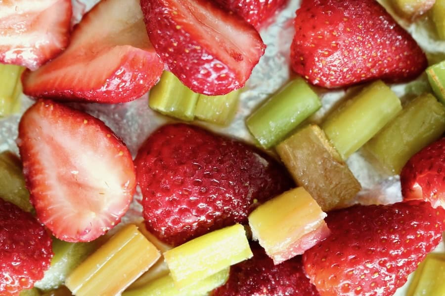 Roasting strawberries and rhubarb.