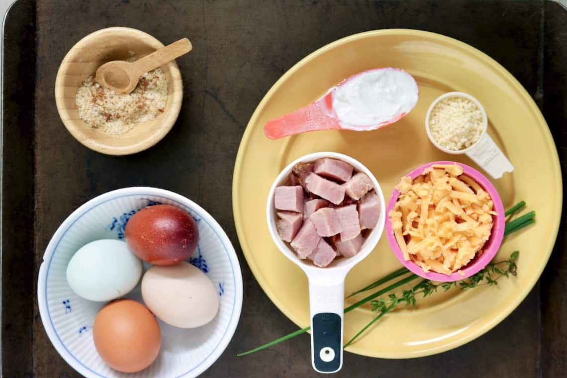 Ham and cheese frittata ingredients.