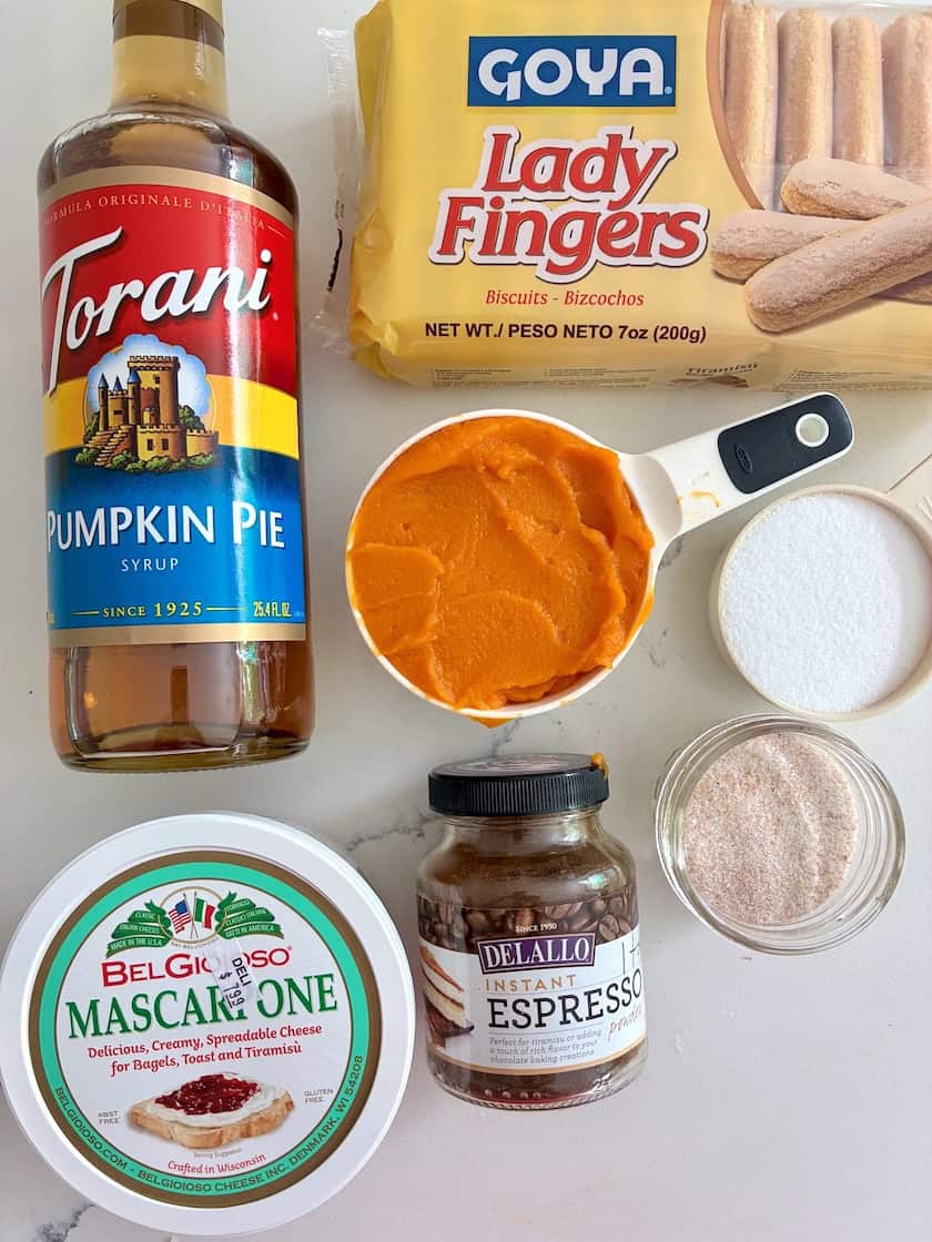 Ingredients for pumpkin spice tiramisu on a counter.