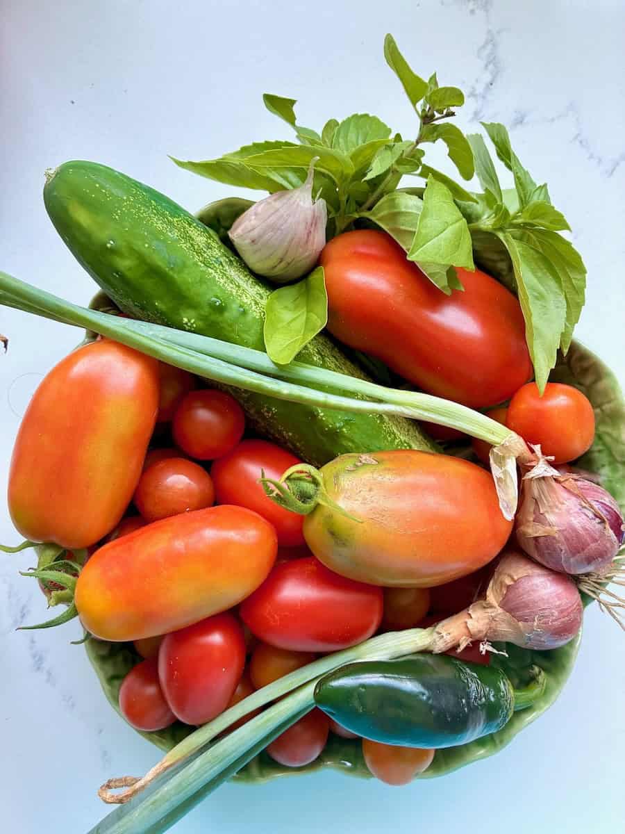 A bowl filled with tomatoes, onions, and other vegetables.