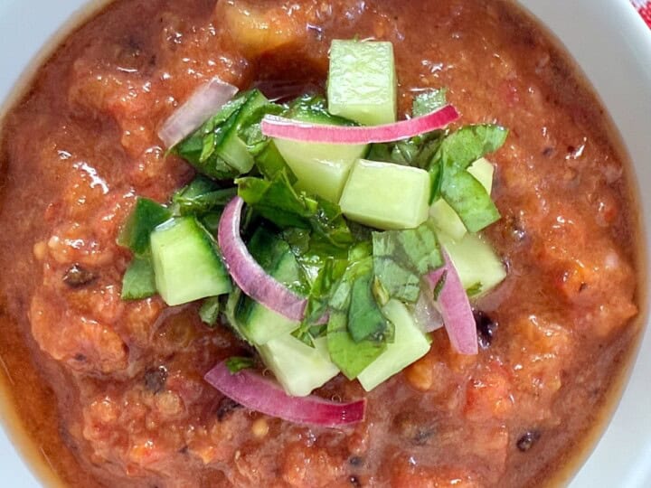 A bowl of tomato gazpacho.