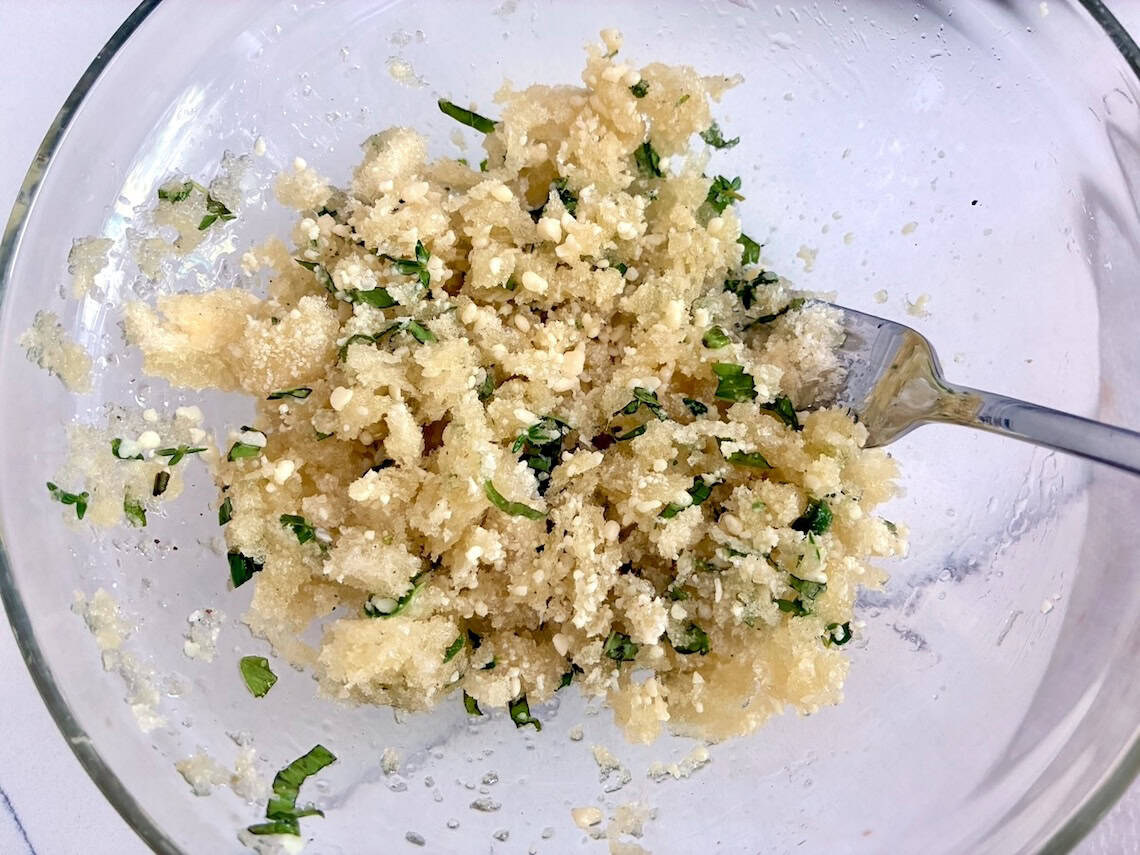 Herb breadcrumb stuffing in a bowl.