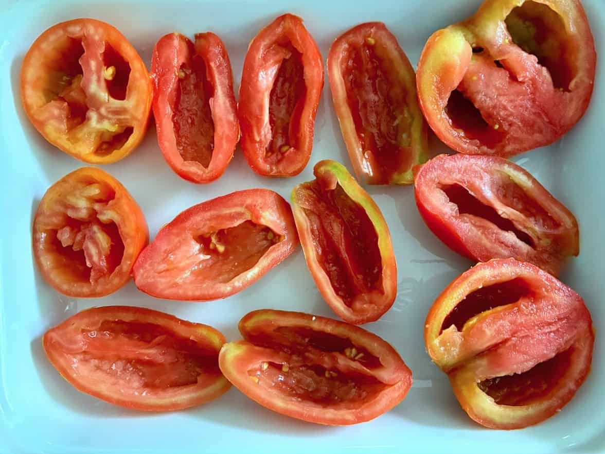 Sliced tomato halves.