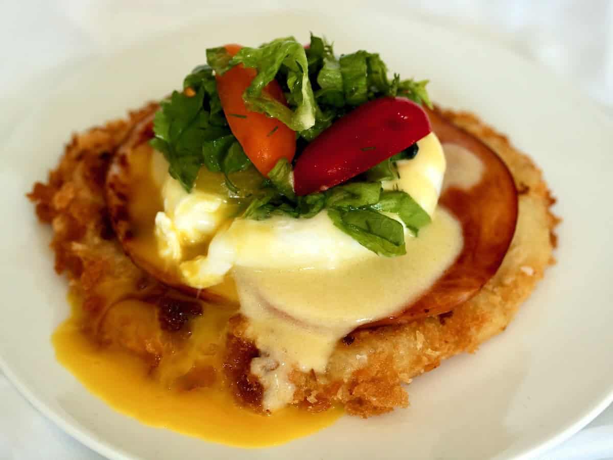 Eggs Benedict on crispy fry bread.