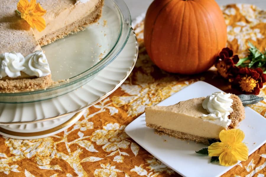 Slice of no bake pumpkin pie.