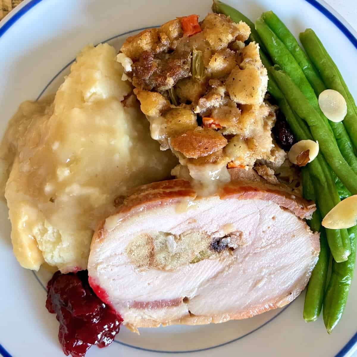 Plate with turkey, mashed potatoes, green beans, sausage and apple stuffing, and cranberry sauce.